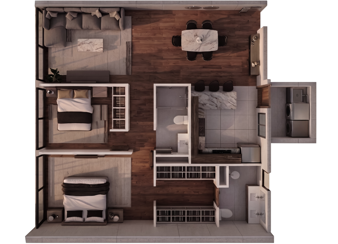 Planta arquitectónica Tipo 1, departamento de 2 recámaras