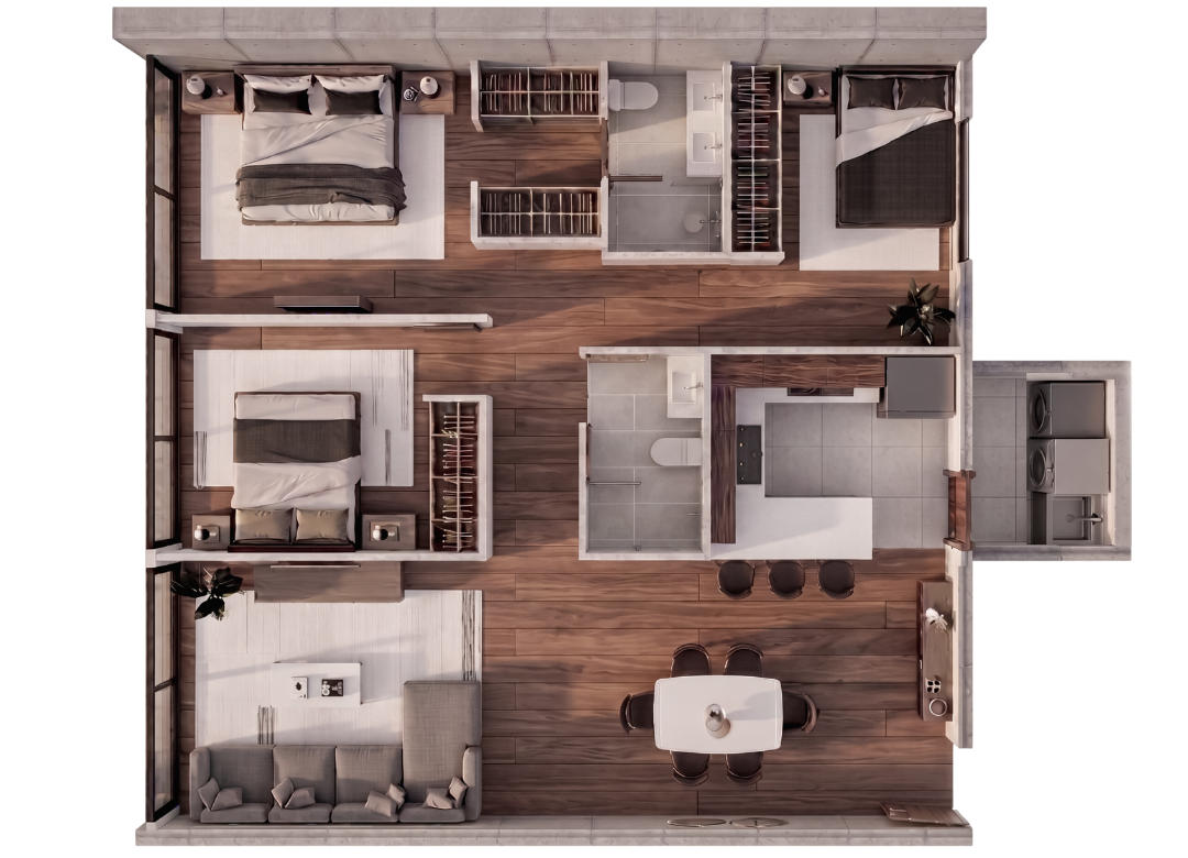 Planta arquitectónica Tipo 2, departamento de 3 recámaras