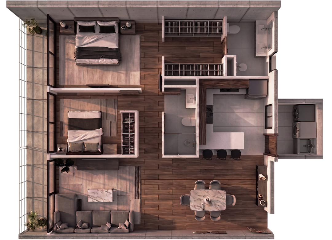 Planta arquitectónica Tipo 4, departamento de 2 recámaras con balcón